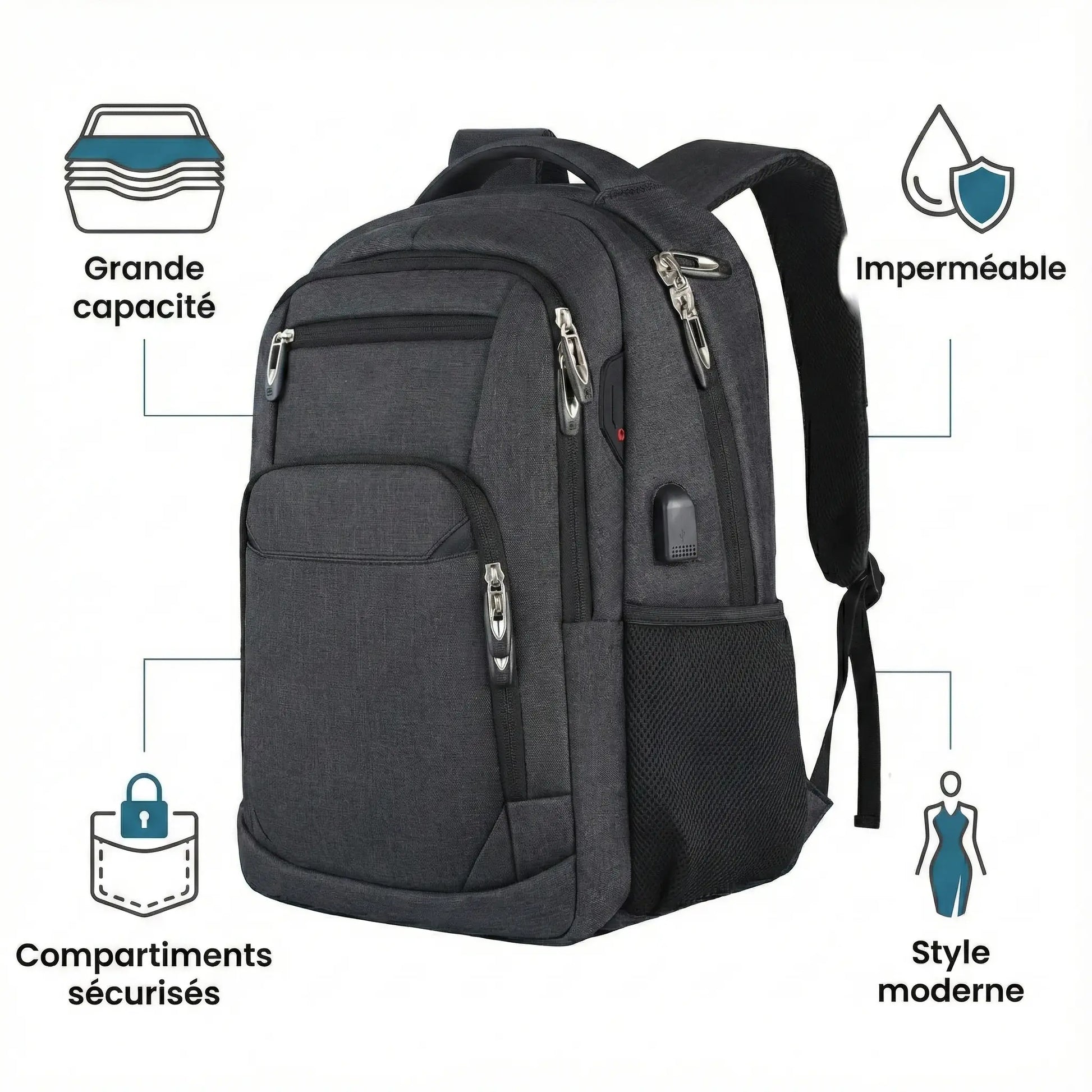 Sac à Dos Homme Ordinateur Multi-Poches 40L Noir MAGLITY