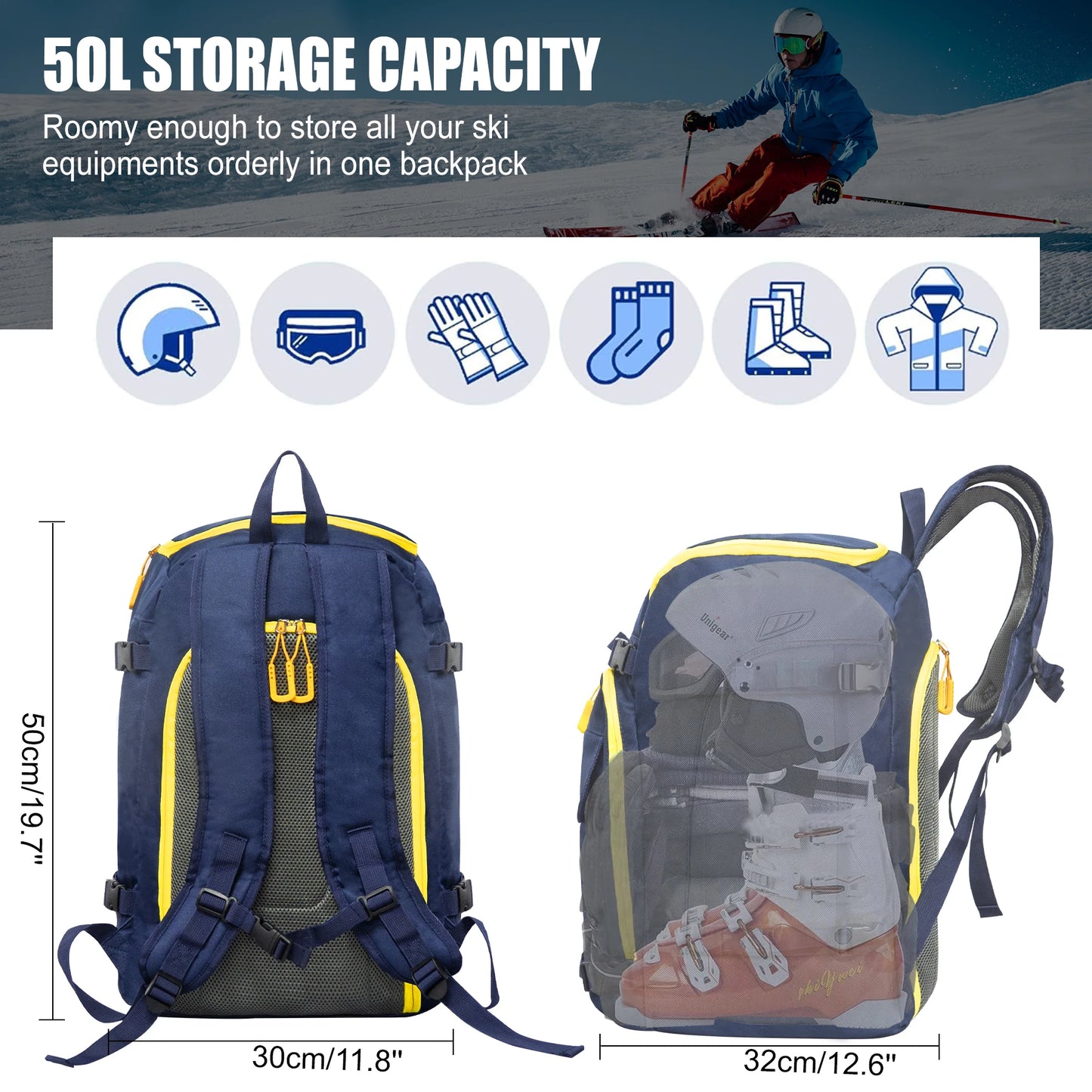 WESTTUNE Ski Boot Bag 50L Large Capacity Travel Backpack Waterproof Bag for Helmet Goggles Gloves Skis Snowboard & Accessories